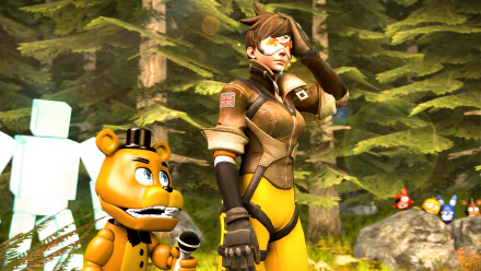 4K Ultra HD desktop wallpaper featuring a crossover of Tracer from Overwatch standing beside Freddy Fazbear from Five Nights at Freddy's in a forest setting.