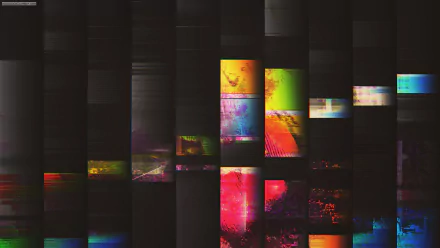HD PC desktop wallpaper featuring artistic glitch art with distorted shapes, colorful lines, and black backgrounds creating a dynamic, abstract visual effect.