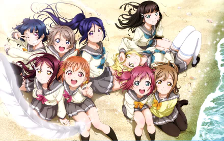 HD desktop wallpaper featuring anime characters You Watanabe, Yoshiko Tsushima, Chika Takami, Riko Sakurauchi, Mari Ohara, Kanan Matsuura, Ruby Kurosawa, Dia Kurosawa, and Hanamaru Kunikida from Love Live! Sunshine!!.