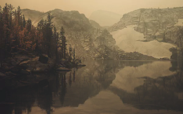 An HD desktop wallpaper of a tranquil glacier lake surrounded by snow, ice, and trees. The sepia tone adds a serene, nature-filled ambiance with the reflection of the landscape on the water.