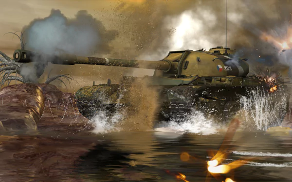 4K Ultra HD PC wallpaper featuring a T-54 military tank advancing through a smoky, fiery battlefield with dynamic water and dust effects.