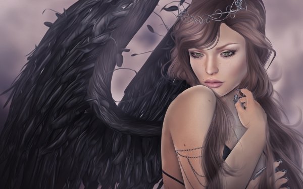 Fantasy Angel Green Eyes Brown Hair Wings Long Hair HD Wallpaper | Background Image