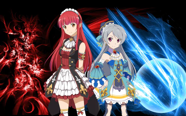 4K Ultra HD PC desktop wallpaper featuring Rain from Sword Art Online: Lost Song alongside another anime character, set against dynamic red and blue abstract backgrounds.