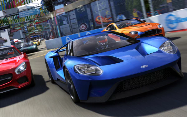 Blue Ford GT racing with other Fords on track in Forza Motorsport 6 video game — 2K Quad HD PC desktop wallpaper/background.