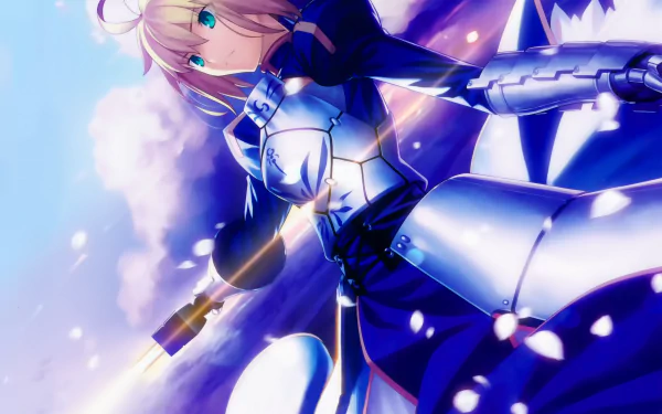 HD anime desktop wallpaper featuring Saber from Fate/Stay Night in detailed armor, set against a vibrant sky background.