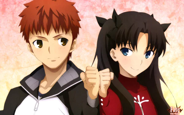 Rin Tohsaka and Shirou Emiya from Fate/Stay Night: Unlimited Blade Works pose with thumbs up in this vibrant 8K Ultra HD anime desktop wallpaper.