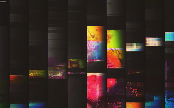 HD PC desktop wallpaper featuring artistic glitch art with distorted shapes, colorful lines, and black backgrounds creating a dynamic, abstract visual effect.