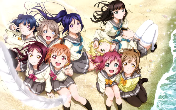 HD desktop wallpaper featuring anime characters You Watanabe, Yoshiko Tsushima, Chika Takami, Riko Sakurauchi, Mari Ohara, Kanan Matsuura, Ruby Kurosawa, Dia Kurosawa, and Hanamaru Kunikida from Love Live! Sunshine!!.