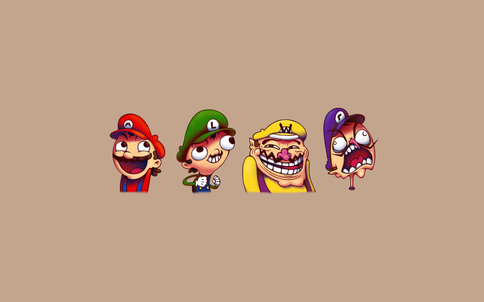 A humorous HD desktop wallpaper featuring cartoonishly exaggerated characters reminiscent of classic gaming, showcasing funny and quirky expressions labeled Just Wrong.