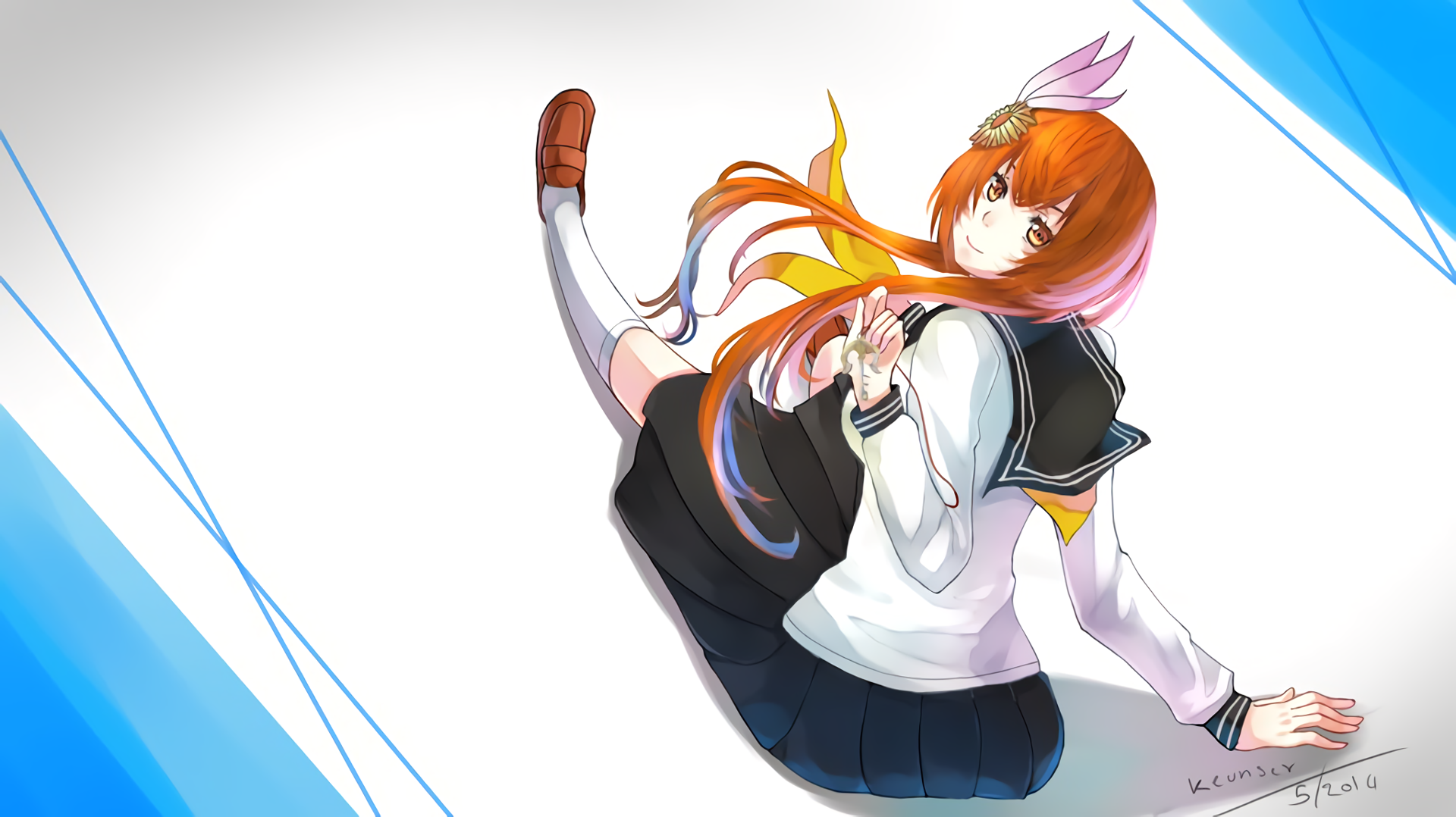 Marika Tachibana from Nisekoi — anime character in a school uniform with orange hair and ribbon, posing on a white-and-blue HD PC desktop wallpaper background.