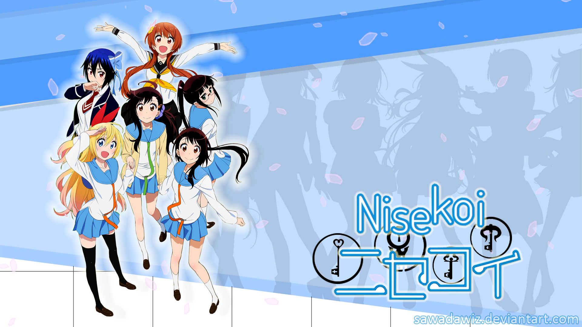 HD PC desktop wallpaper of Nisekoi anime: several schoolgirls in sailor uniforms posing on a blue background with the Nisekoi logo and faint character silhouettes.