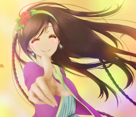 Anime-style HD desktop wallpaper featuring Yui Kanakura from Nisekoi, with flowing dark hair, a cheerful smile, and soft pastel background colors.