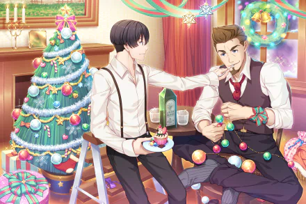 Angelo Lagusa and Nero Vanetti from the anime 91 Days share a festive moment decorating a Christmas tree in this HD PC desktop wallpaper.