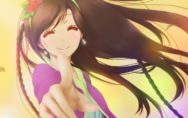 Anime-style HD desktop wallpaper featuring Yui Kanakura from Nisekoi, with flowing dark hair, a cheerful smile, and soft pastel background colors.