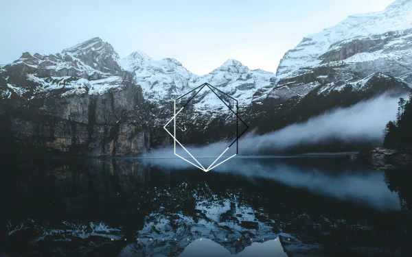 HD desktop wallpaper featuring a foggy, snowy glacier landscape with a lake reflecting mountain peaks, captured in an artistic polyscape style.