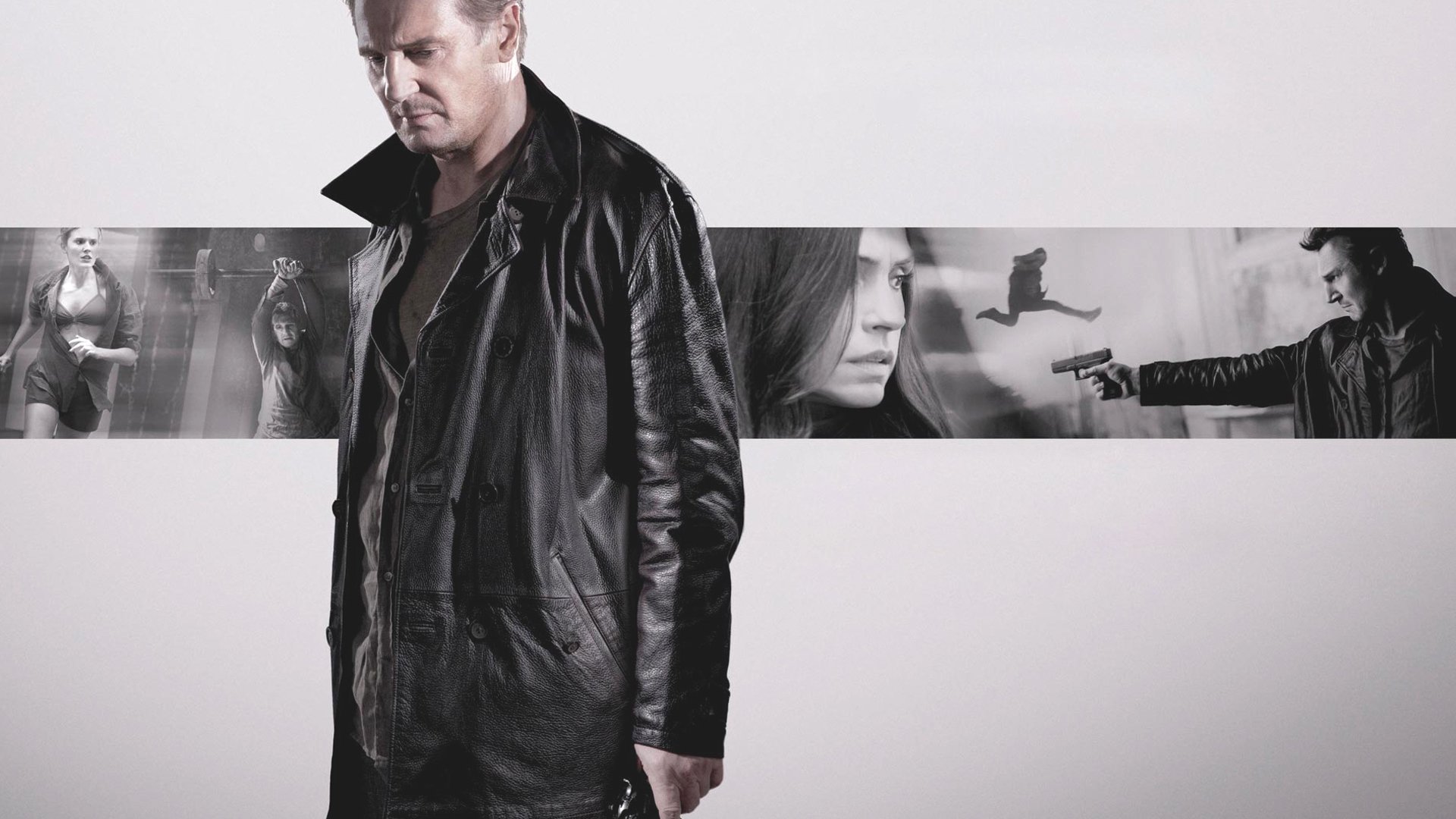 HD desktop wallpaper featuring Liam Neeson from the movie Taken 2, with a grayscale film strip background showcasing key scenes.