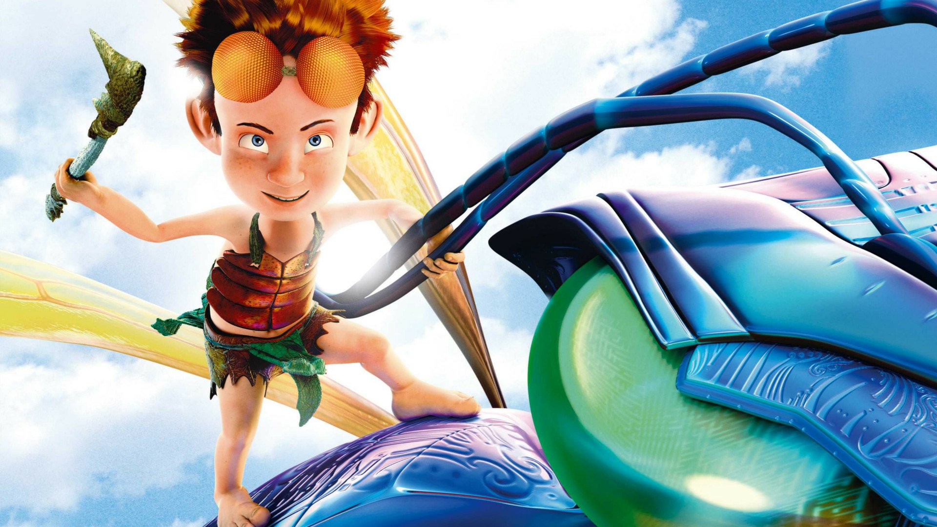 HD PC desktop wallpaper from the movie The Ant Bully: tiny boy in goggles stands on a giant blue ant, holding a twig against a bright sky.