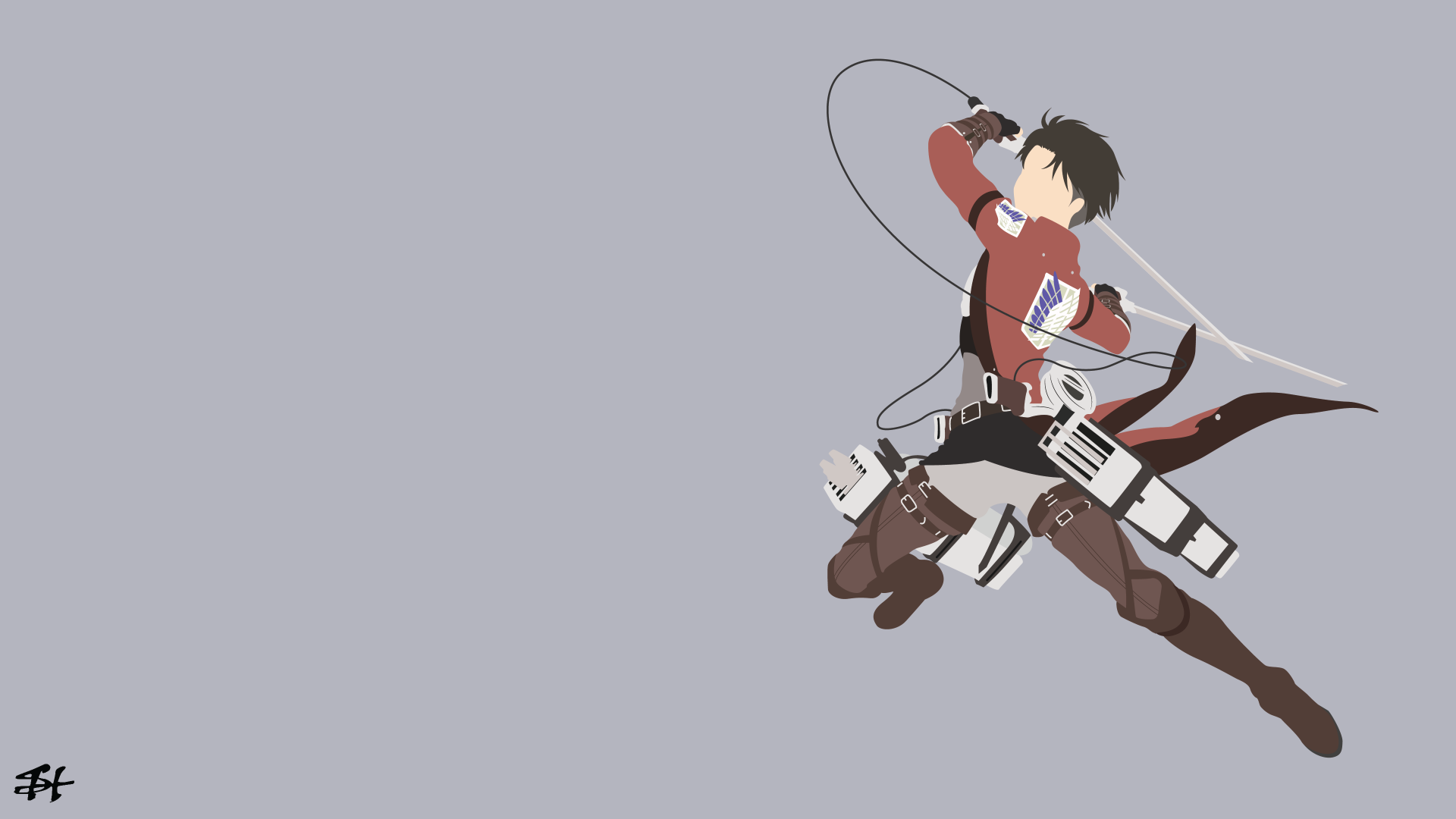 HD desktop wallpaper of Levi Ackerman from Attack on Titan, showcasing the character in action with a minimalistic design on a light gray background.