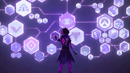 HD PC desktop wallpaper featuring Sombra from the video game Overwatch, standing before a glowing digital network of hexagonal icons with a futuristic purple hue.