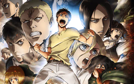 HD desktop wallpaper featuring characters from Attack on Titan, including Eren Yeager, Mikasa Ackerman, Armin Arlert, Annie Leonhart, Bertholdt Hoover, Jean Kirstein, Connie Springer, Sasha Blouse, and Ymir.