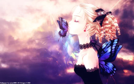 HD anime wallpaper featuring an original artwork of a blonde fairy with wings kissing a butterfly against a dreamy, colorful background.