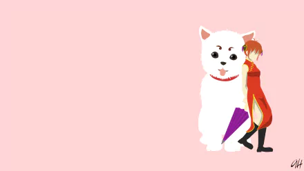 Minimalist HD anime wallpaper featuring Sadaharu and Kagura from Gintama against a soft pink background.