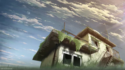 HD anime original desktop wallpaper depicting an abandoned rooftop building overgrown with grass under a dramatic cloudy sky.