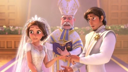 HD PC desktop wallpaper from the movie Tangled Ever After showing Rapunzel and Flynn exchanging rings beside a surprised bishop at their wedding.