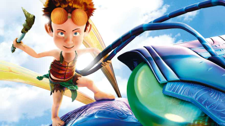 HD PC desktop wallpaper from the movie The Ant Bully: tiny boy in goggles stands on a giant blue ant, holding a twig against a bright sky.