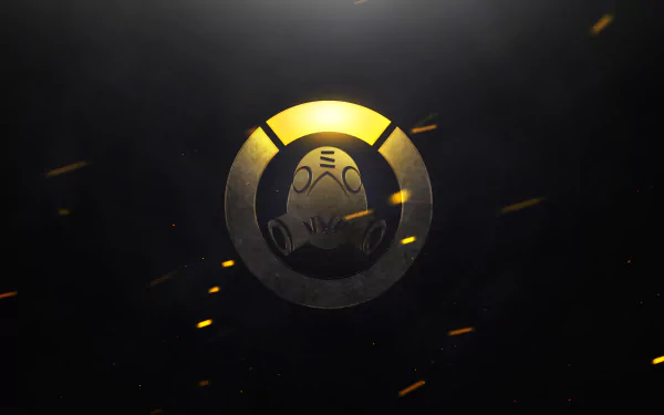 HD PC desktop wallpaper featuring the Roadhog emblem from the video game Overwatch, set against a dark background with glowing yellow highlights.