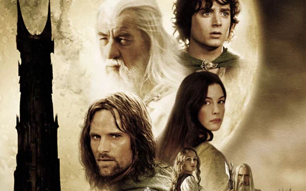 A dramatic HD wallpaper from *The Lord of the Rings: The Two Towers*, featuring iconic characters like Frodo, Aragorn, and Gandalf against a mystical backdrop.