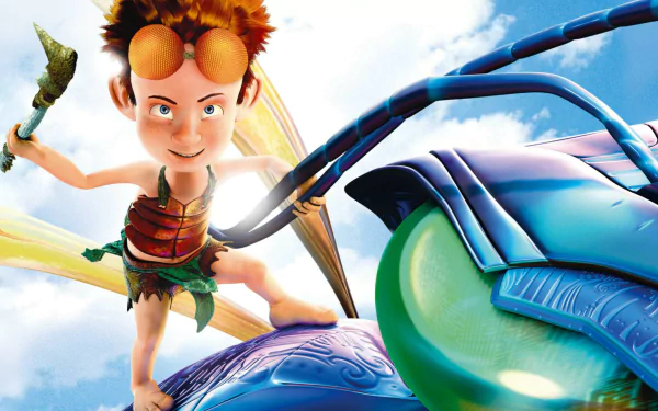 HD PC desktop wallpaper from the movie The Ant Bully: tiny boy in goggles stands on a giant blue ant, holding a twig against a bright sky.