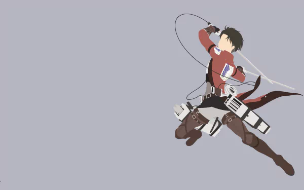 HD desktop wallpaper of Levi Ackerman from Attack on Titan, showcasing the character in action with a minimalistic design on a light gray background.