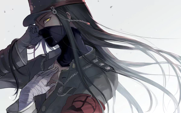 HD PC desktop wallpaper featuring a masked character from the video game Danganronpa V3: Killing Harmony with flowing dark hair and intense yellow eyes.