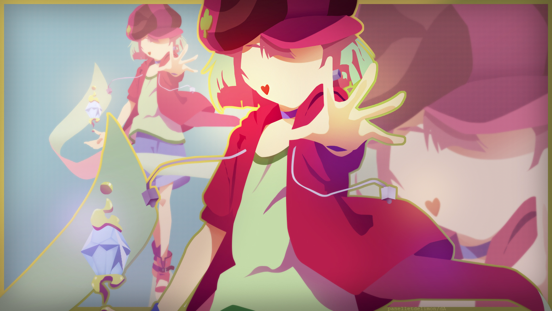 Minimalist HD anime desktop wallpaper featuring Tet from No Game No Life wearing a hat, collar, and shorts in a vibrant, stylized design.