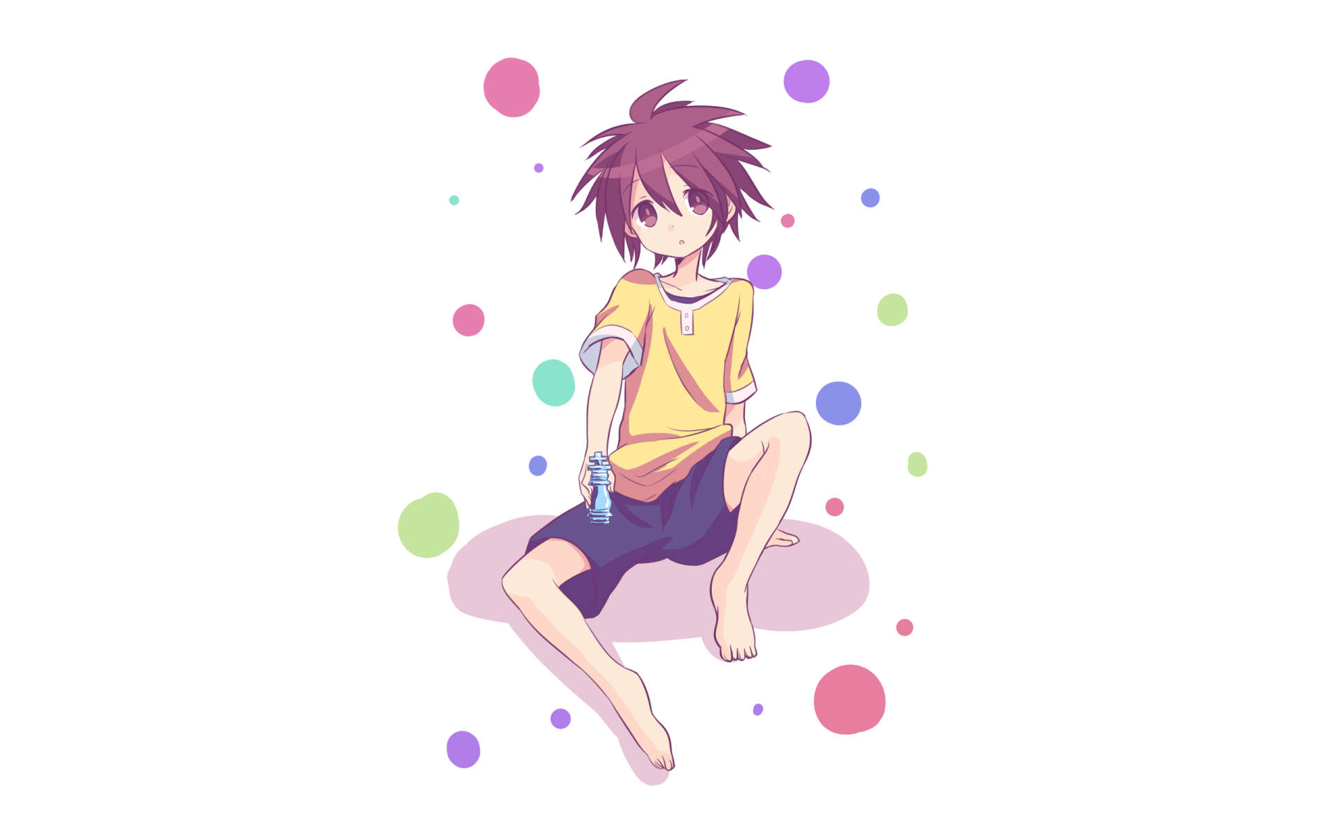 HD anime desktop wallpaper featuring Sora from No Game No Life, depicted sitting barefoot with colorful dots surrounding him on a white background.