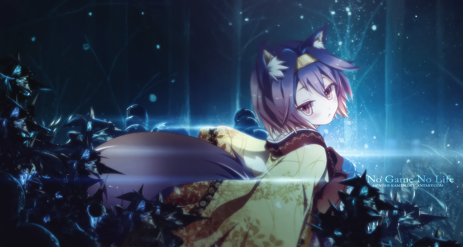 HD PC desktop wallpaper featuring Izuna Hatsuse from the anime No Game No Life, surrounded by glowing blue particles in a dark, mystical setting.