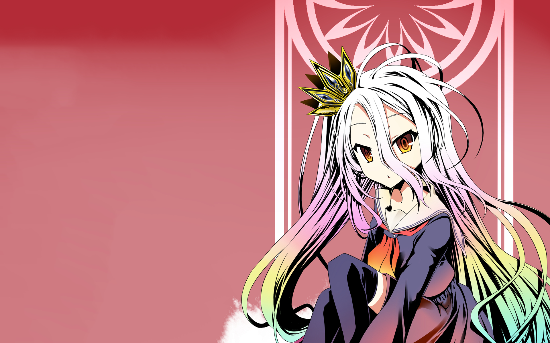 HD anime desktop wallpaper featuring Shiro from No Game No Life with multicolored hair, a crown, and a red-themed background with a white geometric pattern.