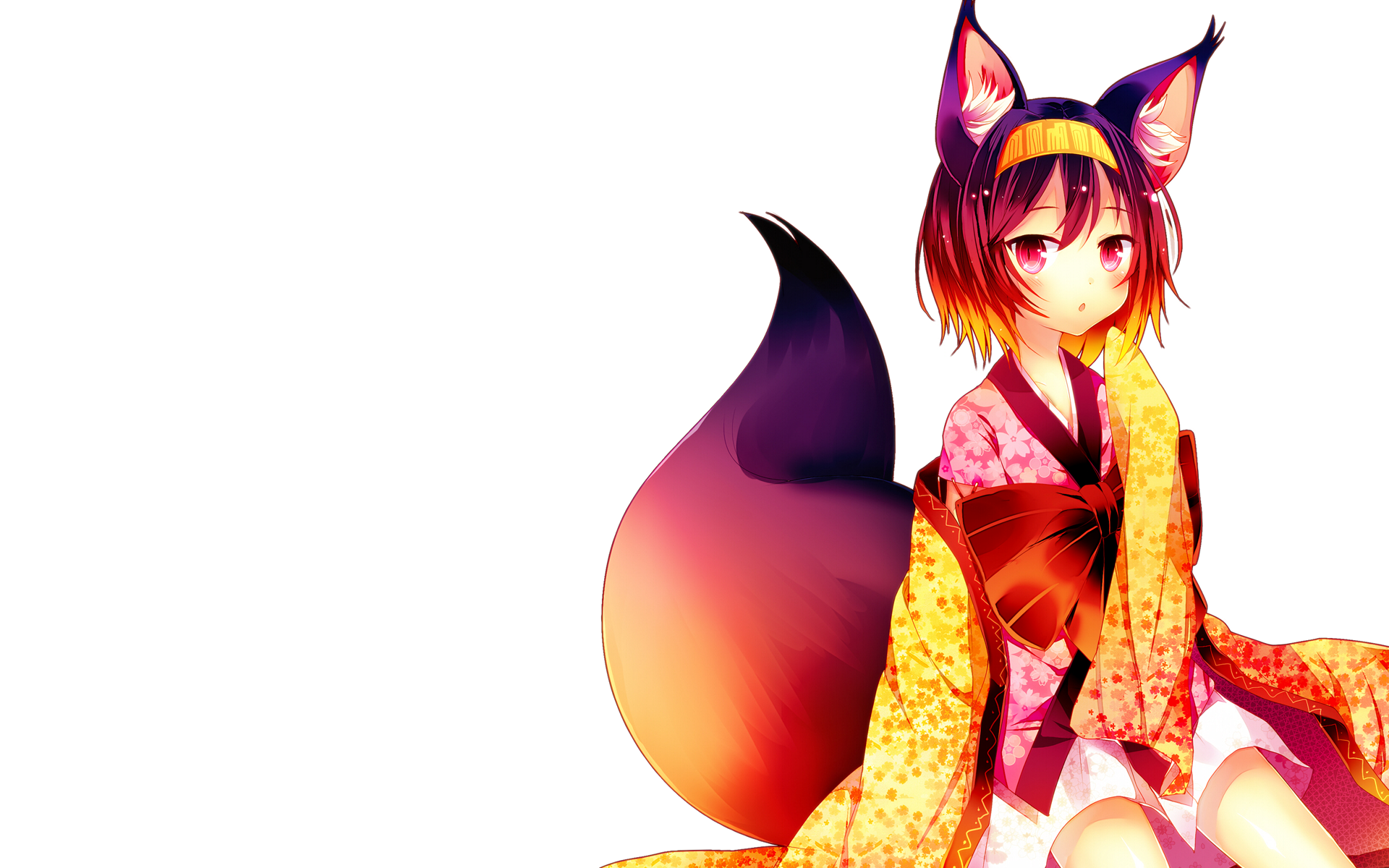 HD PC desktop wallpaper featuring Izuna Hatsuse from the anime No Game No Life, showcasing her fox ears and tail with vibrant colors on a white background.
