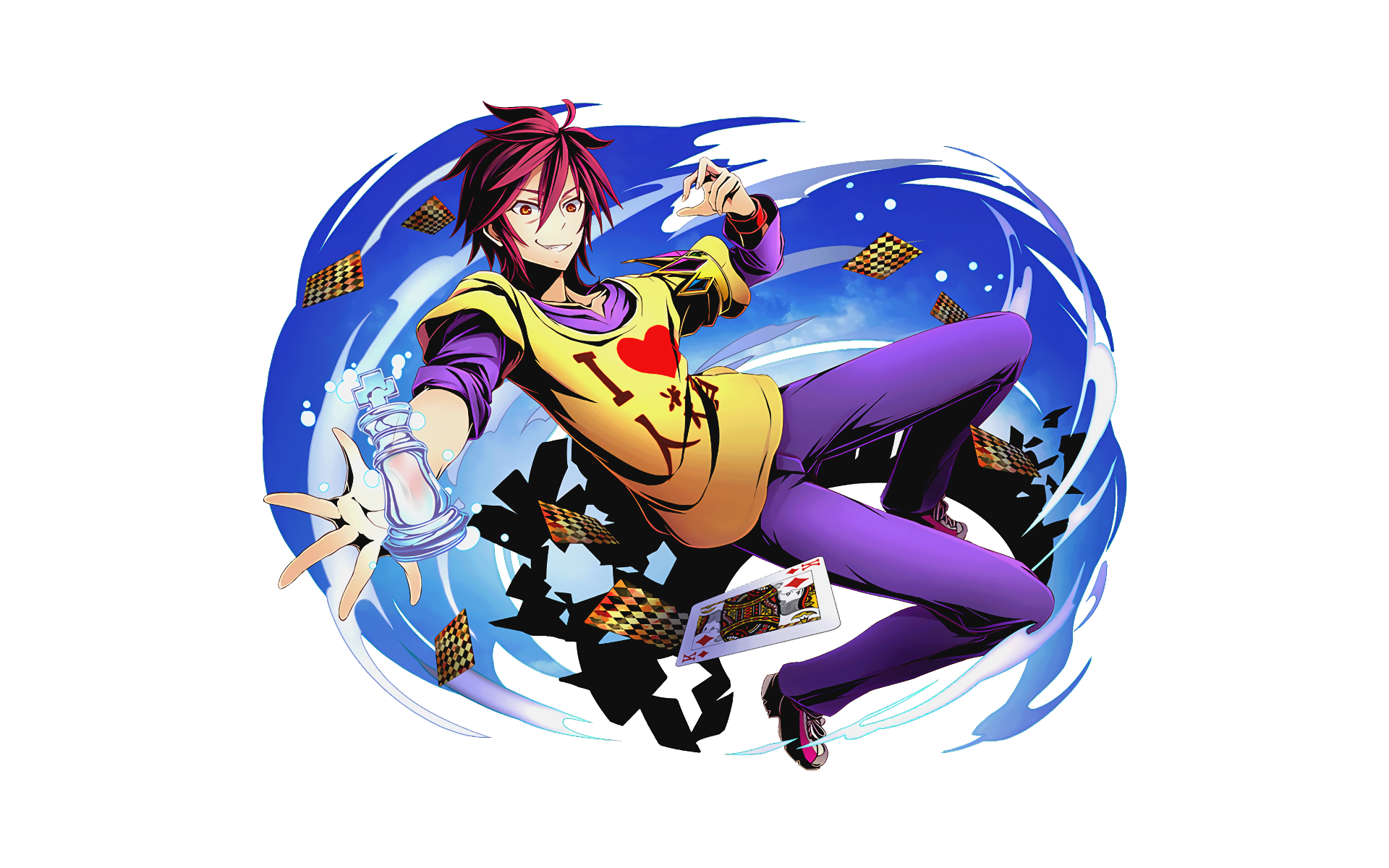 Vibrant HD PC desktop wallpaper featuring Sora from the anime No Game No Life, surrounded by playing cards and dynamic blue energy effects.