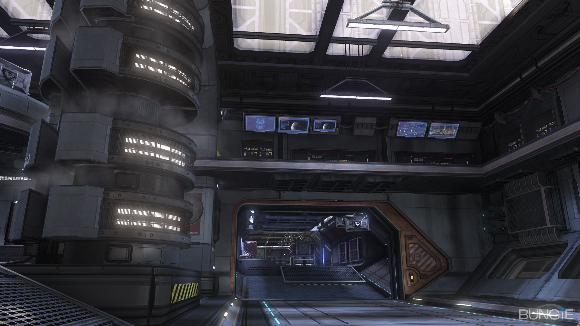A futuristic sci-fi interior featuring sleek architecture and advanced technology, set within a spaceship environment from the Halo universe. An engaging HD desktop wallpaper.