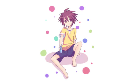 HD anime desktop wallpaper featuring Sora from No Game No Life, depicted sitting barefoot with colorful dots surrounding him on a white background.