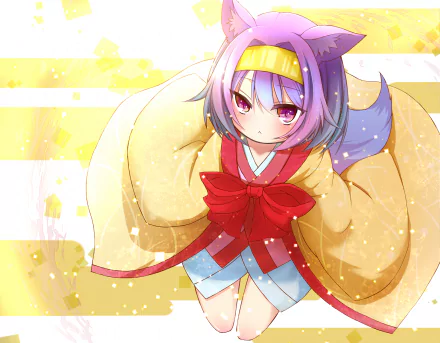 HD anime desktop wallpaper featuring Izuna Hatsuse from No Game No Life, depicted with fox ears, purple hair, and a traditional outfit with a large red bow.