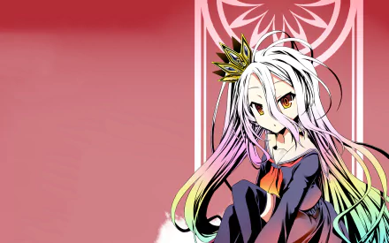 HD anime desktop wallpaper featuring Shiro from No Game No Life with multicolored hair, a crown, and a red-themed background with a white geometric pattern.