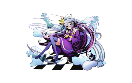 HD anime desktop wallpaper featuring Shiro from No Game No Life, posed on a chessboard with floating chess pieces and a dynamic purple and white color scheme.