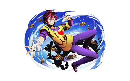 Vibrant HD PC desktop wallpaper featuring Sora from the anime No Game No Life, surrounded by playing cards and dynamic blue energy effects.