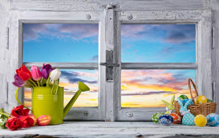 HD desktop wallpaper of a sunset seen through a window, featuring colorful tulips in a green watering can, a basket of Easter eggs, and a vibrant holiday setting.