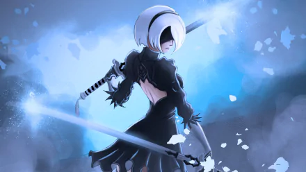 HD desktop wallpaper featuring YoRHa No.2 Type B, also known as 2B, from the video game NieR: Automata. She is in dynamic pose amidst cool-toned, ethereal scenery with floating particles.