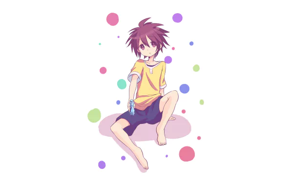 HD anime desktop wallpaper featuring Sora from No Game No Life, depicted sitting barefoot with colorful dots surrounding him on a white background.