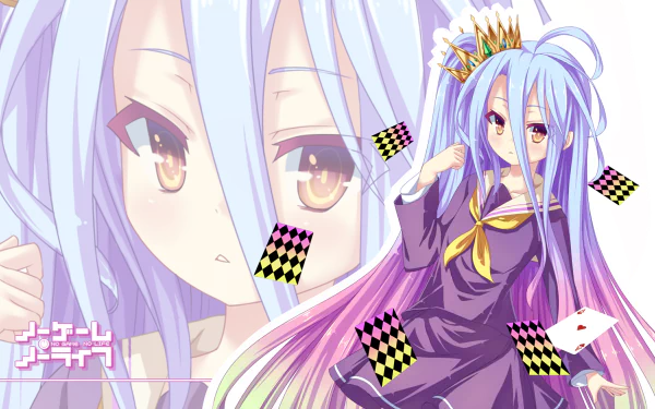 HD wallpaper of Shiro from the anime No Game No Life, featuring Shiro with her signature pastel hair and holding a chess piece, framed by vibrant colors and gaming elements.
